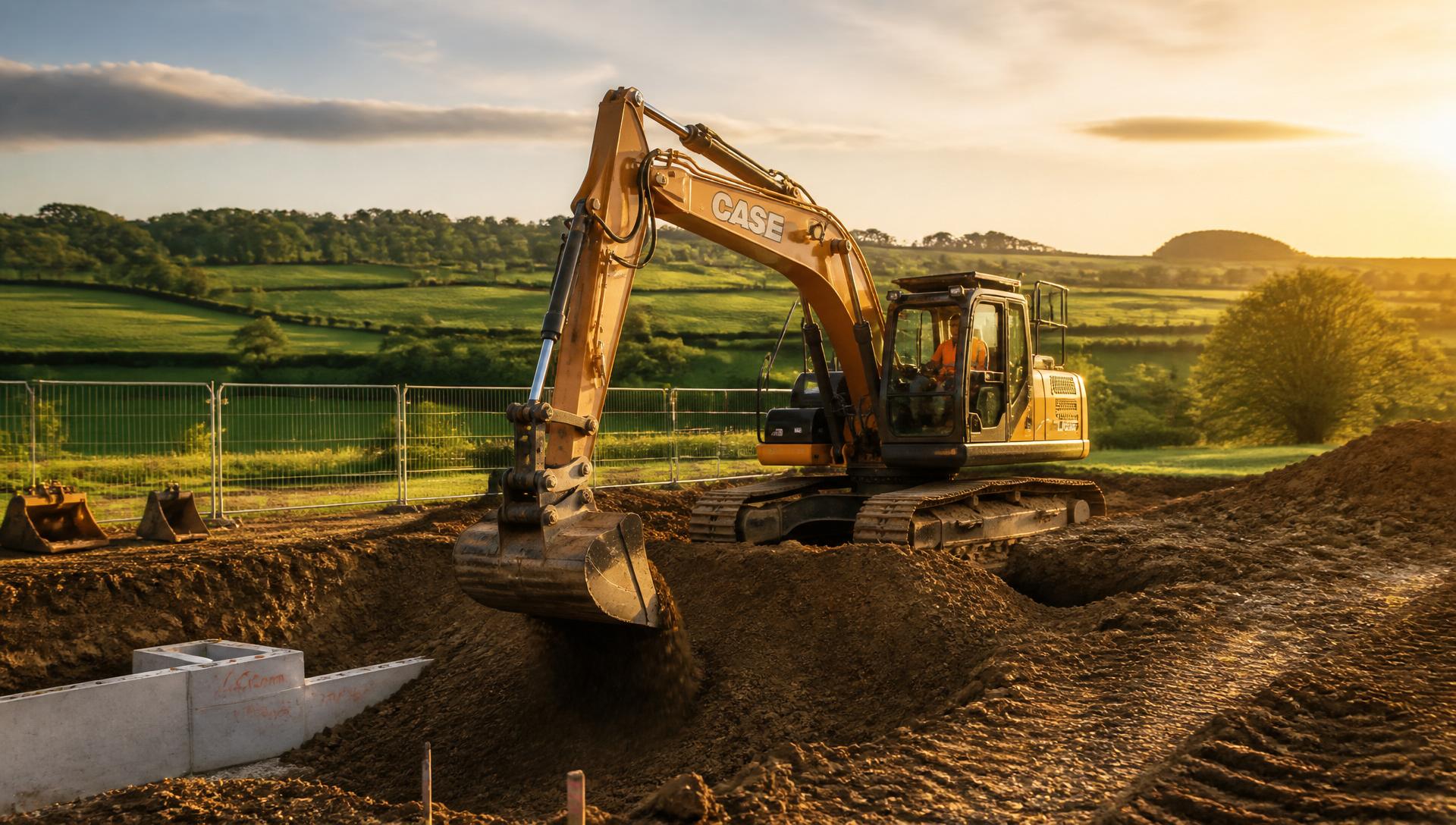 Excavator working on a residential construction site